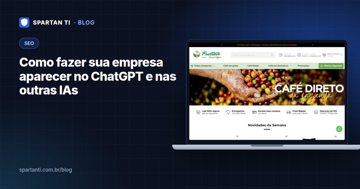 Tela de celular com uma conversa em assistente de inteligência artificial recomendando empresas, ao lado do site de uma delas