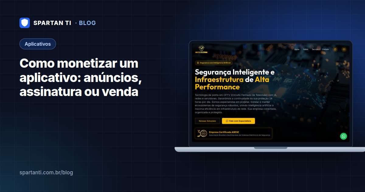 Tela de celular com um aplicativo aberto cercada por símbolos de anúncio, assinatura e compra, ilustrando os modelos de monetização de aplicativo