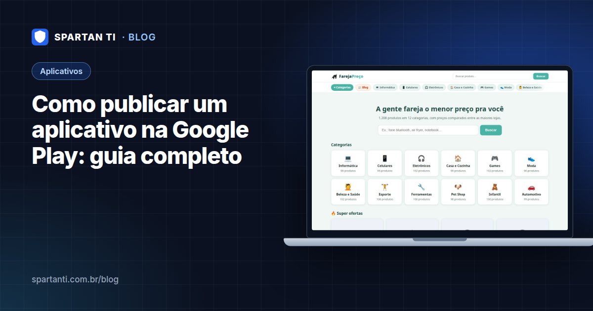 Celular Android mostrando a ficha de um aplicativo na loja ao lado de uma tela de console de publicação, ilustrando o processo de lançamento na Google Play
