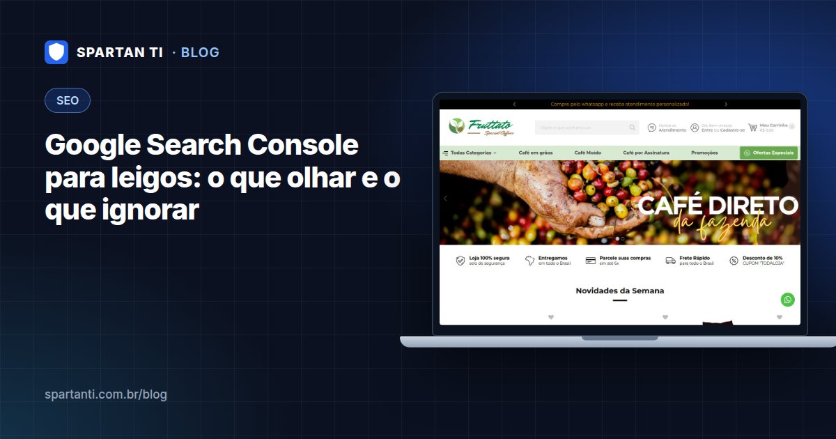 Tela do Google Search Console com o gráfico de desempenho e as quatro métricas de cliques, impressões, CTR e posição média