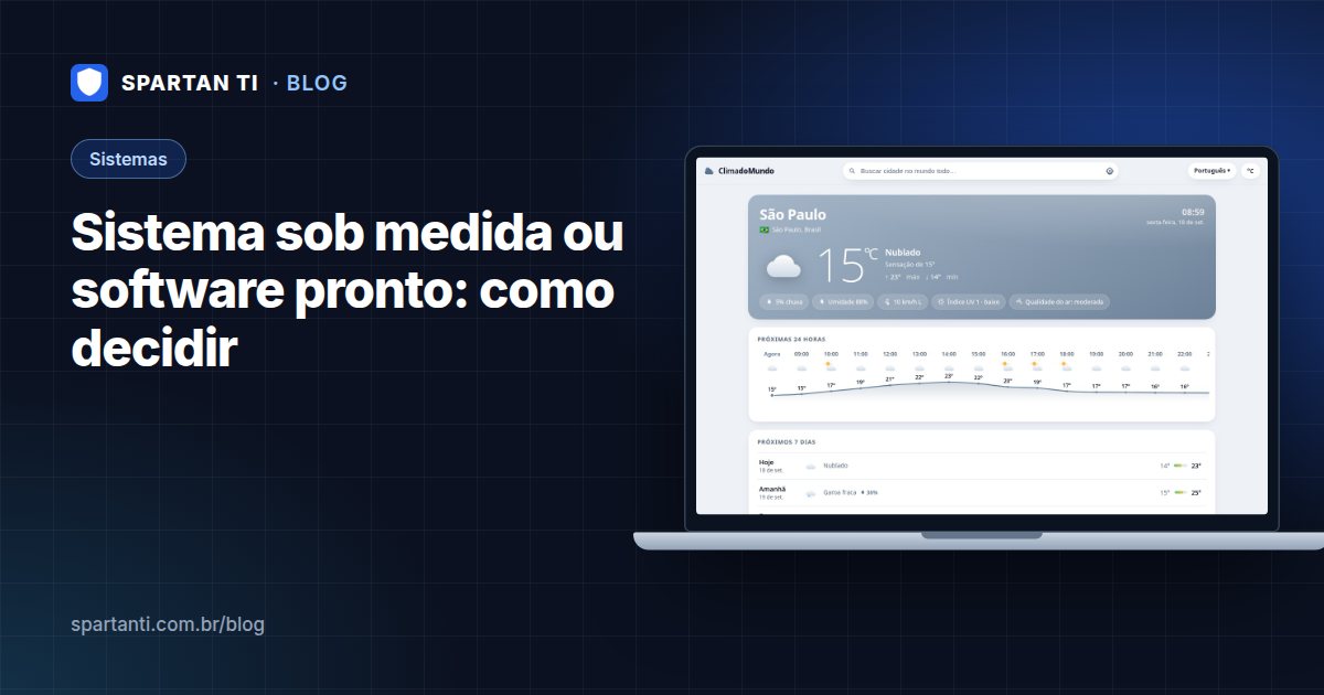 Mesa de escritório com um computador exibindo um sistema de gestão ao lado de planilhas impressas, ilustrando a decisão entre software pronto e sistema sob medida
