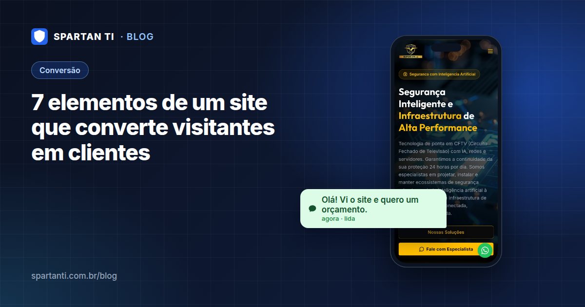 Celular exibindo um site com botão de WhatsApp e um balão de mensagem pedindo orçamento, ilustrando um site que converte