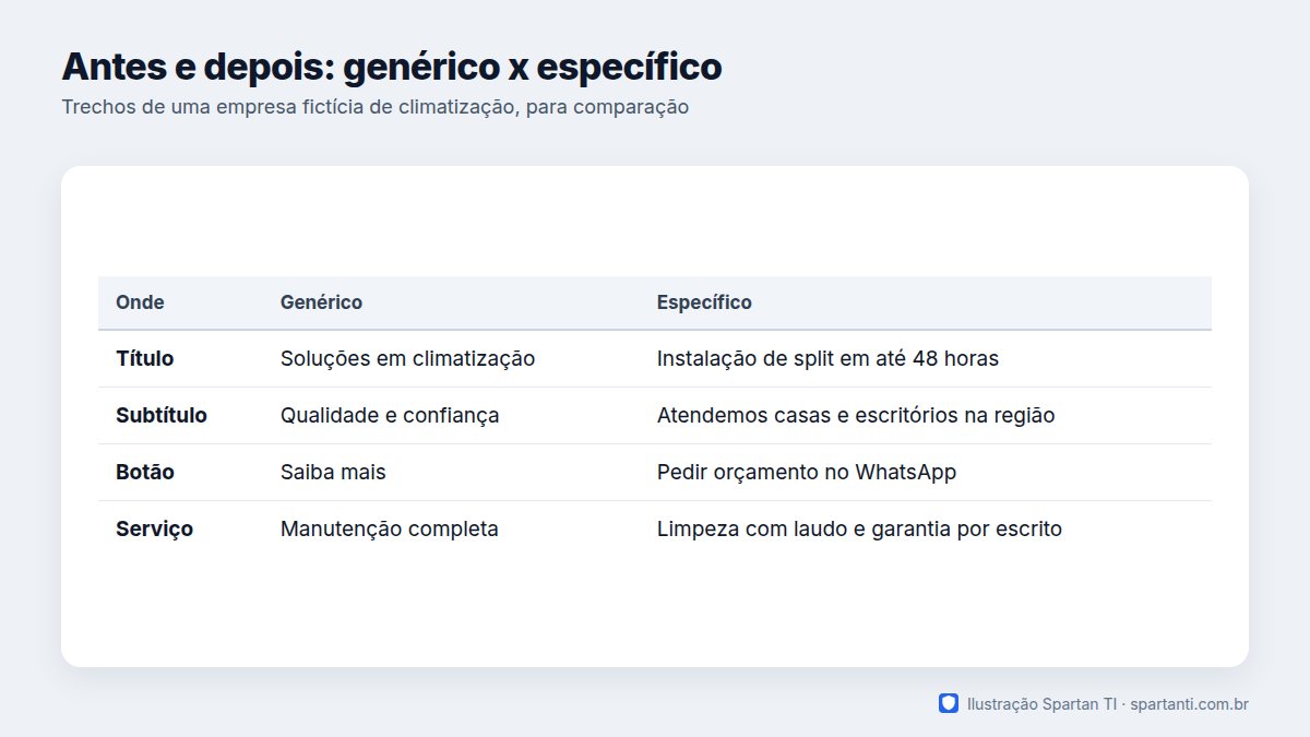 Tabela comparando trechos de texto de site em três colunas: o lugar onde o texto aparece, a versão genérica e a versão específica reescrita, com exemplos de título, subtítulo, texto de botão e descrição de serviço