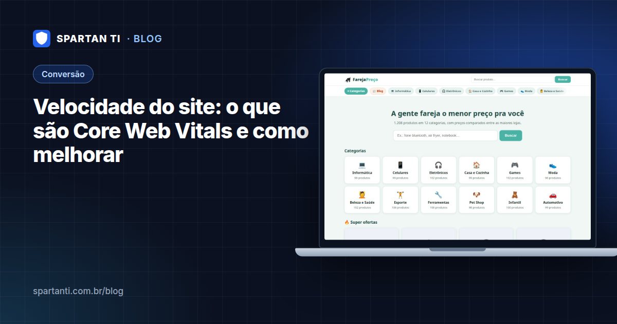 Celular carregando uma página de site com um medidor de velocidade ao lado, ilustrando a medição dos Core Web Vitals