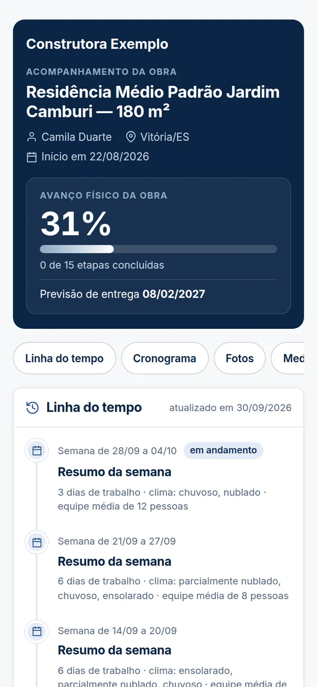 Página de acompanhamento da obra aberta pelo cliente no celular