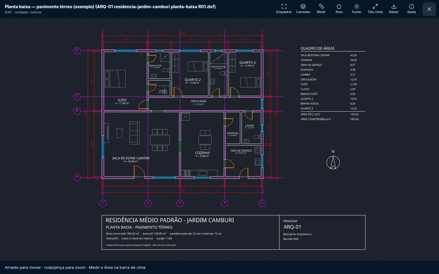 Planta baixa de uma residência aberta no visualizador de CAD do ViggaIA