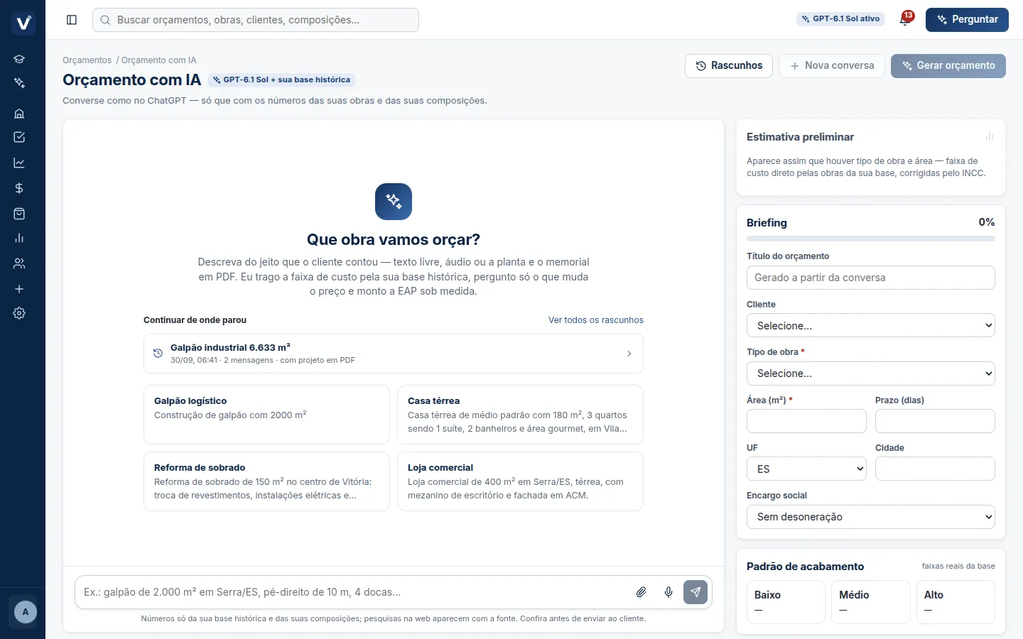 Tela do Orçamento com IA, com sugestões de obra e o painel de briefing